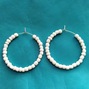 Beaded hoop Earrings Glass Silver plated White Seed beads handmade 1.5 inch
